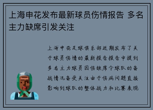 上海申花发布最新球员伤情报告 多名主力缺席引发关注 上海申花发布最新球员伤情报告 多名主力缺席引发关注